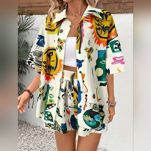 Colorful button front two piece set sz X-LARGE